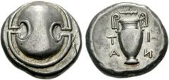 BOEOTIA, Thebes. Circa 395-338 BC. AR Stater (12.20 g). Anti-, magistrate. Struck circa 390-382 BC. Boeotian shield / Amphora; T-I/A-И in two lines across field; all within incuse concave circle. Hepw