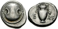 BOEOTIA, Thebes. Circa 395-338 BC. AR Stater (12.20 g). Eche-, magistrate. Struck circa 390-382 BC. Boeotian shield / Amphora, ivy leaf hanging from each handle; above, club left; E-XE across field; a