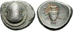 BOEOTIA, Thebes. Circa 395-338 BC. AR Stater (12.26 g). Damo-, magistrate. Struck circa 390-382 BC. Boeotian shield / Amphora, three ivy leaves and berry hanging from left handle; above, club left; ΔA
