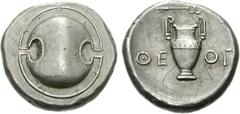 BOEOTIA, Thebes. Circa 395-338 BC. AR Stater (12.18 g). Theog-, magistrate. Struck circa 379-368 BC. Boeotian shield / Amphora; above, kerykeion right; ΘE-OΓ across field; all within incuse concave ci