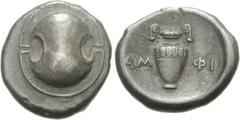 BOEOTIA, Thebes. Circa 395-338 BC. AR Stater (12.06 g). Amphi-, magistrate. Struck circa 379-368 BC. Boeotian shield / Amphora; AM-ΦI across field; all within incuse concave circle. Hepworth 2; BCD Bo