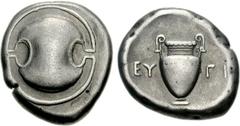 BOEOTIA, Thebes. Circa 395-338 BC. AR Stater (12.14 g). Eugi-, magistrate. Struck circa 379-368 BC. Boeotian shield / Amphora; EY-ΓI across field; all within incuse concave circle. Hepworth 45; BCD Bo