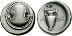 BOEOTIA, Thebes. Circa 395-338 BC. AR Stater (12.19 g). Olym-, magistrate. Struck circa 363-338 BC. Boeotian shield / Amphora; above, laurel leaf right; OΛ-YM across field; all within incuse concave c