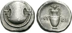 BOEOTIA, Thebes. Circa 395-338 BC. AR Stater (12.24 g). Lyki(no)-, magistrate. Struck circa 363-348 BC. Boeotian shield / Amphora; grape bunch on vine above, ΛY-KI across field; all within incuse conc