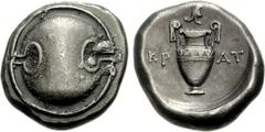 BOEOTIA, Thebes. Circa 395-338 BC. AR Stater (12.33 g). Krat-, magistrate. Struck circa 363-338 BC. Boeotian shield / Amphora; helmet above, KP-AT across field; all within incuse concave circle. Hepwo
