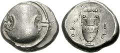 BOEOTIA, Thebes. Circa 395-338 BC. AR Stater (12.24 g). Diog-, magistrate. Struck circa 363-338 BC. Boeotian shield / Amphora; club right above, ΔI-OΓ across field; all within incuse concave circle. H