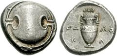 BOEOTIA, Thebes. Circa 395-338 BC. AR Stater (12.21 g). Damokl-, magistrate. Struck circa 363-338 BC. Boeotian shield / Amphora; club right above, ΔA-MO/K-Λ in two lines across field; all within incus