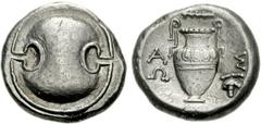 BOEOTIA, Thebes. Circa 395-338 BC. AR Stater (12.21 g). Aso(p)-, magistrate. Struck circa 363-338 BC. Boeotian shield / Amphora; club left above, A-Σ/Ω in two lines across field, grape bunch to lower 