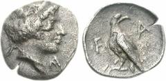 ELIS, Olympia. 106th-107th Olympiad. 356/2 BC. AR Obol (0.85 g, 2h). Hera mint. Head of Hera right, wearing stephane / Eagle standing left, head right. Cf. Seltman, Temple p. 102; BCD Olympia 333.6 (t
