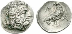 ELIS, Olympia. 107th-108th Olympiad. 352/48 BC. AR Obol (0.90 g, 3h). Laureate head of Zeus right / Eagle standing right, head left. Seltman, Temple p. 63; BCD Olympia 333.5 (this coin); SNG Copenhage