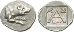 ARGOLIS, Argos. Circa 90-50 BC. AR Triobol (2.38 g, 6h). Forepart of wolf at bay right / Large A; two monograms in upper fields, jawbone below; all within incuse square. BCD Peloponnesos 1163 (this co