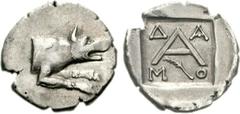 ARGOLIS, Argos. Circa 90-50 BC. AR Triobol (2.39 g, 6h). Damo(sthe)-, magistrate. Forepart of wolf at bay right / Large A; Δ-A/M-O around, palm frond below; all within incuse square. BCD Peloponnesos 