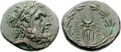 LYDIA, Tralleis. 2nd-1st century BC. Æ 18mm (5.02 g, 9h). Laureate head of Zeus right / ΔIOΣ TPAΛ/ΛIANΩN, winged thunderbolt within wreath. Künker 67, lot 421; Elsen 86, lot 124 = Elsen 51, lot 208; o