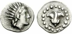 ISLANDS off CARIA, Rhodos. Rhodes. Circa 188-84 BC. AR Diobol (0.96 g, 1h). ‘Plinthophoric’ coinage. Radiate head of Helios right / Rose with bud to left and right; no ethnic. SNG Keckman -; Karl -; S