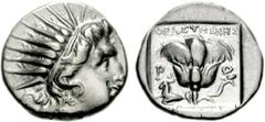 ISLANDS off CARIA, Rhodos. Rhodes. Circa 150-125 BC. AR Drachm (2.85 g, 11h). ‘Plinthophoric’ coinage. Thrasymenes, magistrate. Radiate head of Helios right / Rose with bud to right; ΘPAΣYMENHΣ above;