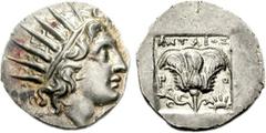 ISLANDS off CARIA, Rhodos. Rhodes. Circa 125-88 BC. AR Drachm (2.56 g, 11h). ‘Plinthophoric’ coinage. Antaios, magistrate. Radiate head of Helios right / Rose with bud to left; ANTAIOΣ above, rising s
