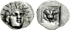ISLANDS off CARIA, Rhodos. Rhodes. Circa 125-88 BC. AR Hemidrachm (1.03 g, 11h). ‘Plinthophoric’ coinage. Melantas, magistrate. Radiate head of Helios facing slightly right / Rose with bud to right; M