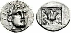 ISLANDS off CARIA, Rhodos. Rhodes. Circa 125-88 BC. AR Hemidrachm (1.46 g, 12h). ‘Plinthophoric’ coinage. Melantas, magistrate. Radiate head of Helios facing slightly right / Rose with bud to right; M