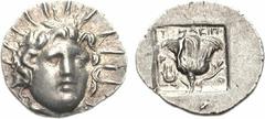 ISLANDS off CARIA, Rhodos. Rhodes. Circa 125-88 BC. AR Hemidrachm (1.21 g, 12h). ‘Plinthophoric’ coinage. Timasipos, magistrate. Radiate head of Helios facing slightly right / Rose with bud to right; 