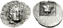 ISLANDS off CARIA, Rhodos. Rhodes. Circa 125-88 BC. AR Hemidrachm (1.34 g, 12h). ‘Plinthophoric’ coinage. Timasipos, magistrate. Radiate head of Helios facing slightly right / Rose with bud to right; 