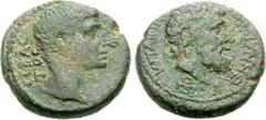 LYDIA, Hypaepa. Augustus. 27 BC-AD 14. Æ 18mm (5.24 g, 12h). Athenagoras, magistrate. Bare head right / Laureate head of Zeus right; monogram below. RPC Supp. 1, S-2528B.1 (this coin; illustrated); Im