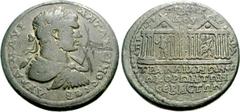 LYDIA, Tralles. Caracalla. AD 198-217. Æ 36mm (26.48 g, 6h). Po. Cl. Pankratides, grammateus. Laureate, draped, and cuirassed bust right / Pair of hexastyle temple façades facing; in left one, emperor