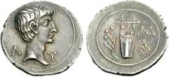 LYCIAN LEAGUE, Masicytes. Augustus. 27 BC-AD 14. AR Drachm (4.02 g, 12h). Series 6, struck circa 27-20 BC. Bare head right / Cithara; aphlaston to left. RPC Supp. 1, S-3308A (this coin; illustrated); 