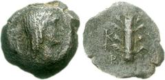 CYRENAICA, Cyrene. Circa 37 BC. Æ Quadrans (2.94 g, 6h). Crassus, magistrate. Head of Libya right / Silphium plant. RPC 918; Müller, Afrique -; SNG Copenhagen 1312-3. Good Fine, blue-black patina, lig