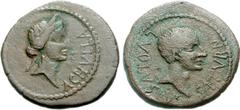 BYZACIUM, Achulla. Augustus. 27 BC-AD 14. Æ As (11.03 g, 12h). L. Volusius Saturninus, proconsul. Struck 7-6 BC. Head of Astarte right, wearing stephane / Bare head of Saturninus right. RPC 801; Amand