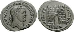 Galerius. AD 305-311. Æ Follis (5.74 g, 6h). Cyzicus mint, 1st officina. Struck circa AD 308. Laureate head right / Camp gate, in perspective, with four turrets and no doors; MKA. RIC VI 39. Good VF, 