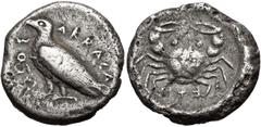 Greek SICILY, Akragas. Circa 495-485 BC. AR Didrachm (19mm, 7.83 g, 2h). Sea eagle standing left / Crab; A+Ǝ below; all within incuse circle. Westermark, Coinage, Period I, Group II, 92.11 (O39/R56 - 