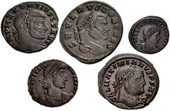 Large Lots ROMAN. Imperial. Lot of five (5) late Roman bronze issues. Includes: Galerius. Æ Follis // Severus II. Æ Follis // Maxentius. Æ Follis // Constantine II. Æ Follis // Constantius II. Æ. Good