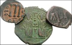 BYZANTINE. Early. Miscellaneous Æ. Includes: JUSTINIAN. Æ 16 Nummi. Thessalonica mint. Bust right / Large I; A to left; SP to right. Cf. SB 179 // JUSTIN II. Æ Follis. Theoupolis (Antioch) mint. Justi