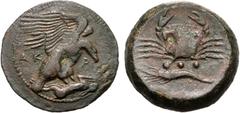 Greek SICILY, Akragas. Circa 415-406 BC. Æ Tetras – Trionkion (22mm, 10.21 g, 9h). Eagle, wings spread, standing right on, and tearing at, dead hare / Crab; below, three pellets (mark of value) above 