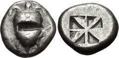 Greek ISLANDS off ATTICA, Aegina. Circa 525-480 BC. AR Stater (19mm, 12.21 g). Sea turtle, head in profile, with thick collar and row of dots down its back / Incuse square of 'Union Jack' pattern with