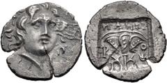 Greek ISLANDS off CARIA, Rhodos. Rhodes. Circa 88-84 BC. AR Hemidrachm (12.5mm, 1.07 g, 12h). 'Plinthophoric' coinage. Maes, magistrate. Radiate head of Helios right / Rose with buds to left and right