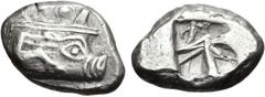 Greek LYCIA, Phaselis. Circa 530-500 BC. AR Stater (22mm, 11.04 g). Prow of galley right, terminating in a boar's forepart; [below, dolphin right] / Rough incuse square with irregular interior lines. 
