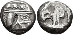Greek LYCIA, Phaselis. Circa 530-500 BC. AR Stater (18.5mm, 11.00 g). Prow of galley right, terminating in a boar's forepart; [below, dolphin right] / Rough incuse square divided by two parallel lines