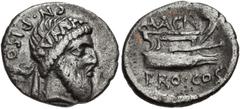 Roman Republican The Pompeians. Cnaeus Pompeius Magnus (Pompey the Great). Spring 48 BC. AR Denarius (18mm, 3.45 g, 6h). Mint in Greece; Cn. Calpurnius Piso, proquaestor. Bearded head of Numa Pompiliu