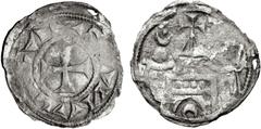 Early Medieval & Islamic CRUSADERS, Latin Kingdom of Jerusalem. Jerusalem Pilgrim Coinage. 12th century. BI Denier (18mm, 0.92 g, 8h). + S ΛИΛC[...]Λ (sic), cross pattée / Medieval façade of the al-Aq