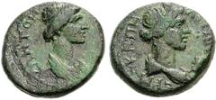 LYDIA, Hermocapelia. Antonia Minor. Augusta, AD 37 and 41. Æ 15mm (3.81 g, 8h). Draped bust of Antonia right / Draped bust of goddess right. RPC -; SNG von Aulock -. VF, green patina.