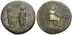 LYDIA, Sardis. Tiberius. AD 14-37. Æ 18mm (3.83 g, 12h). Julius Kleon and Memnon, magistrates. Tiberius standing left, raising up kneeling Tyche of Sardis / Livia seated right, holding scepter and gra