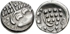 CELTIC, Britain. Durotriges. Uninscribed. Circa 65 BC-AD 45. AR Stater (19mm, 4.75 g). Durotrigan E, Abstract (Cranborne Chase) type. Devolved head of Apollo right / Disjointed horse left; pellets abo