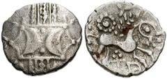 CELTIC, Britain. Iceni . Anted. Circa AD 1-25. AR Unit (14mm, 1.16 g). Two outline crescents back-to-back on a central band; two pellets between / Celticized horse right; ‘daisy’ above, pellets and mo