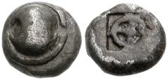 BOEOTIA, Federal Coinage. Circa 475-450 BC. AR Obol (8mm, 0.96 g). Boiotian shield / Wheel of four spokes within incuse square. BCD Boiotia 2 (same rev. die); SNG Copenhagen 254 (Thebes). VF, dark hoa