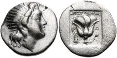 ISLANDS off CARIA, Rhodos. Rhodes . Circa 188-170 BC. AR Drachm (16mm, 2.89 g). ‘Plinthophoric’ coinage. Aristoboulos, magistrate. Radiate head of Helios right / Rose with bud to right; club to left; 
