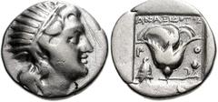ISLANDS off CARIA, Rhodos. Rhodes . Circa 170-150 BC. AR Drachm (15mm, 2.91 g). ‘Plinthophoric’ coinage. Anaxidotos, magistrate. Radiate head of Helios right / Rose with bud to right; snake on omphalo