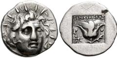 ISLANDS off CARIA, Rhodos. Rhodes . Circa 170-150 BC. AR Hemidrachm (13mm, 1.39 g). ‘Plinthophoric’ coinage. Xenophantos, magistrate. Radiate head of Helios facing slightly right / Rose with bud to ri