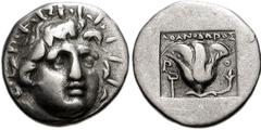 ISLANDS off CARIA, Rhodos. Rhodes . Circa 170-150 BC. AR Hemidrachm (12mm, 1.39 g). ‘Plinthophoric’ coinage. Athanodoros, magistrate. Radiate head of Helios facing slightly right / Rose with bud to ri
