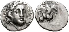 ISLANDS off CARIA, Rhodos. Rhodes . Circa 170-150 BC. AR Hemidrachm (12mm, 1.30 g). ‘Plinthophoric’ coinage. Dexikrates, magistrate. Radiate head of Helios facing slightly right / Rose with bud to rig